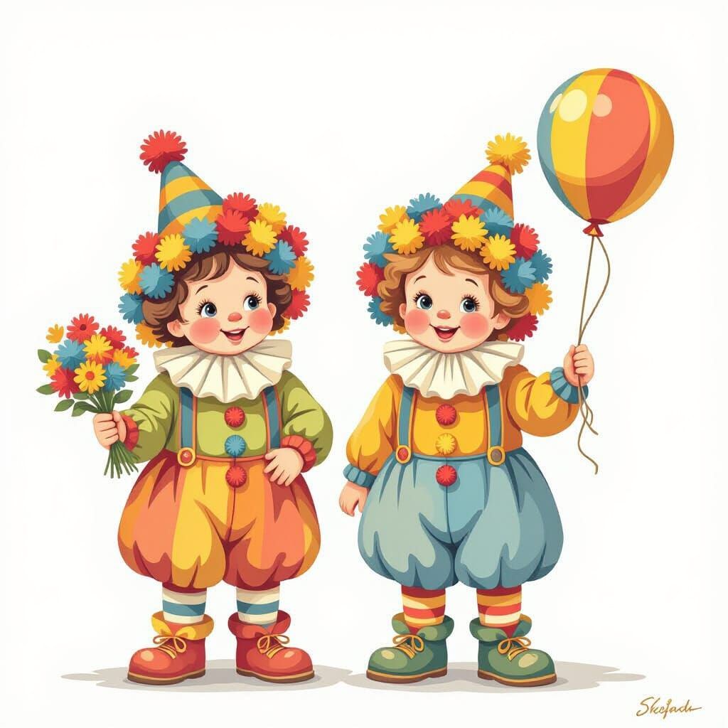 Children Clowns Made of Colorful Wool Pom Poms