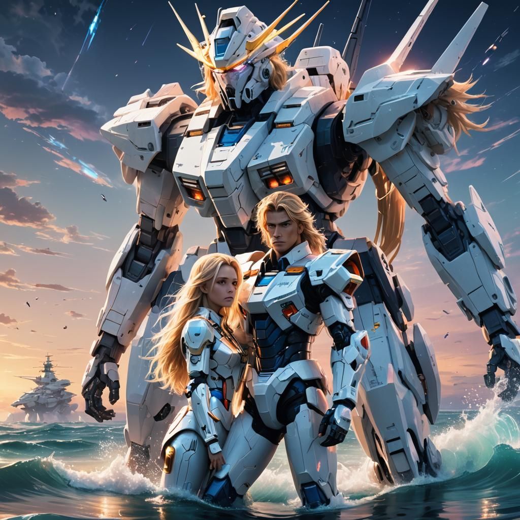 Sci-Fi Couple With Gundam Robot Overlooking Ocean