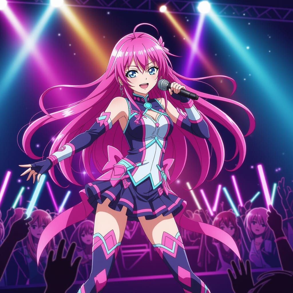 Anime Idol on Stage in Vibrant Futuristic Style