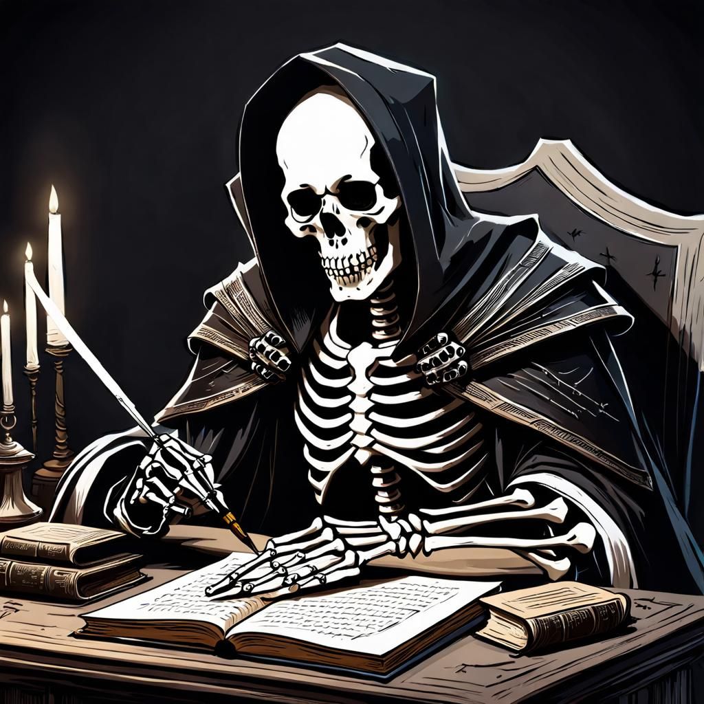 Skeleton Writer in Fantasy Horror Style
