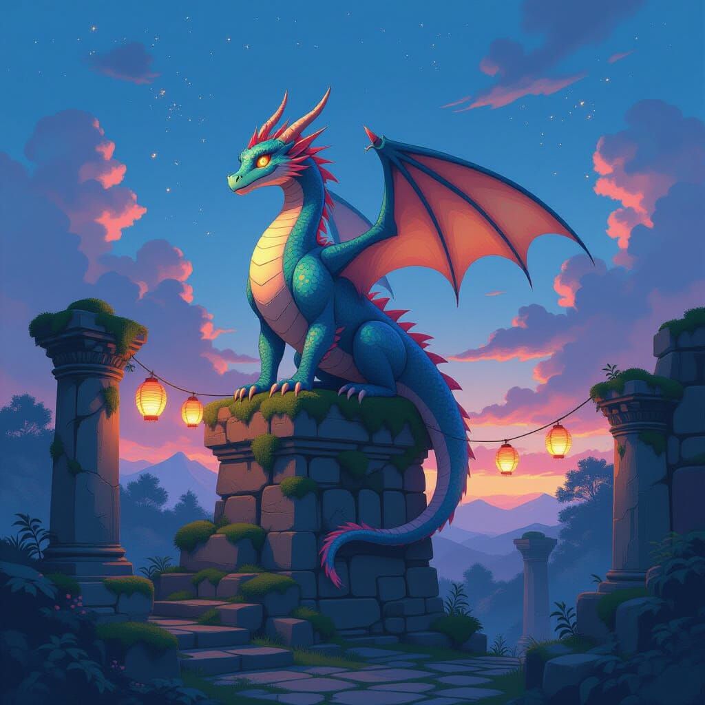 Iridescent Dragon on Ancient Ruins: Ghibli Style