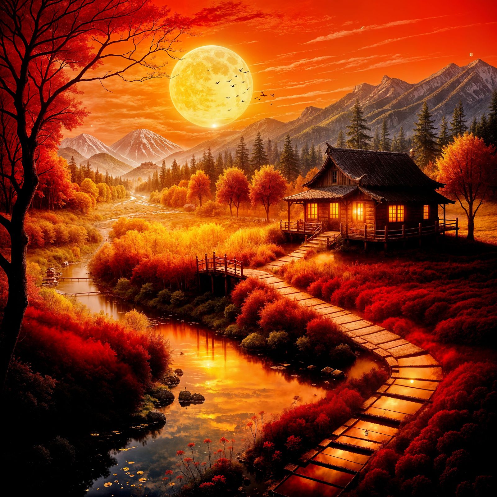 Magical Autumn Village Under a Glowing Sunset Moon