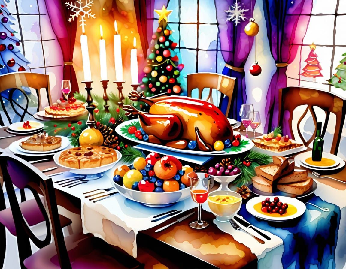 Whimsical Christmas Feast in Realistic 3D Style