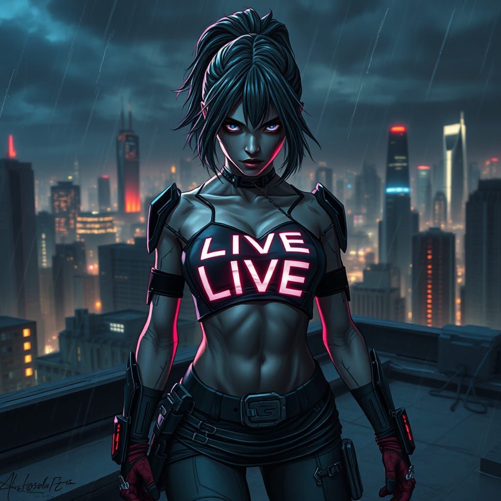 Cyberpunk Girl on Rooftop in Dystopian City
