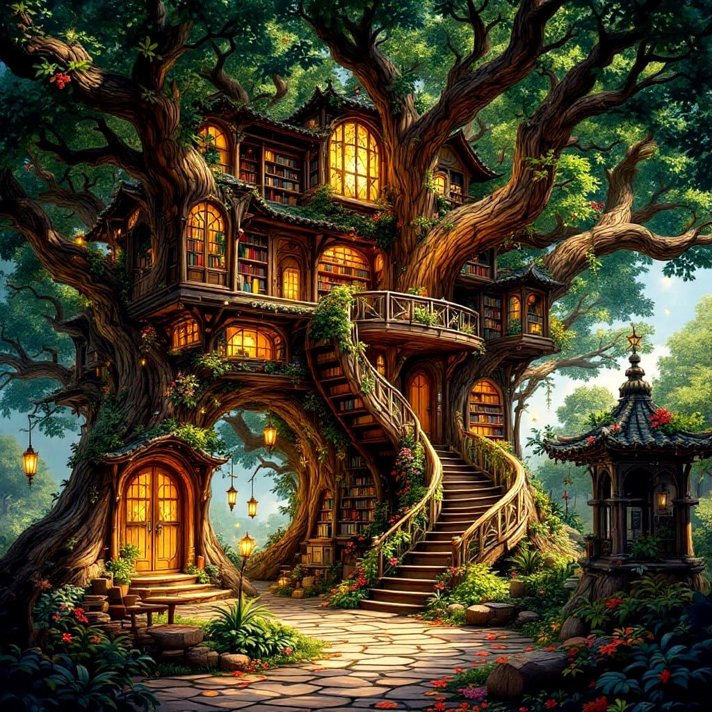 Whimsical Cherry Treehouse Library in High Fantasy