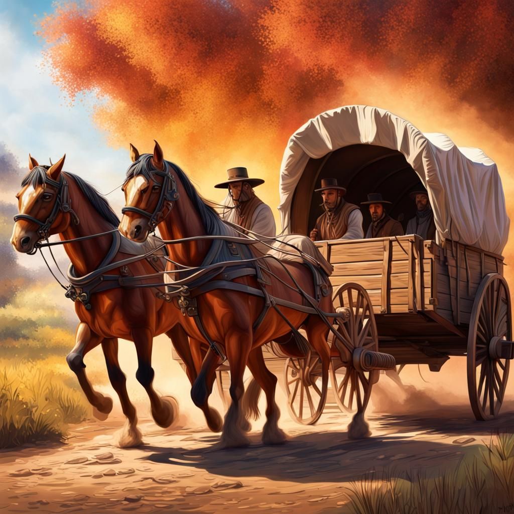 1800s Covered Wagon with Horses, Hyperrealistic Concept Art