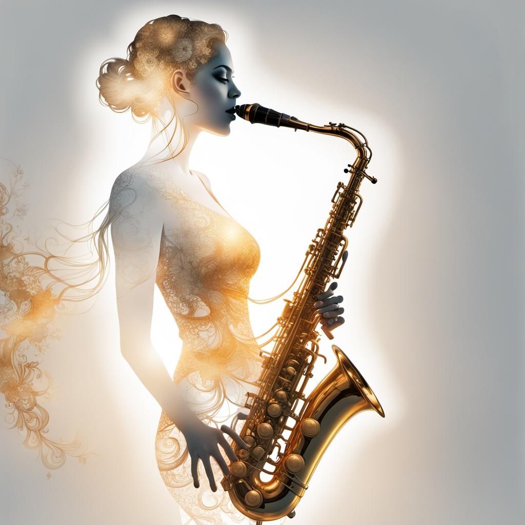 double exposure electric saxophone by the silhouette of a wo...