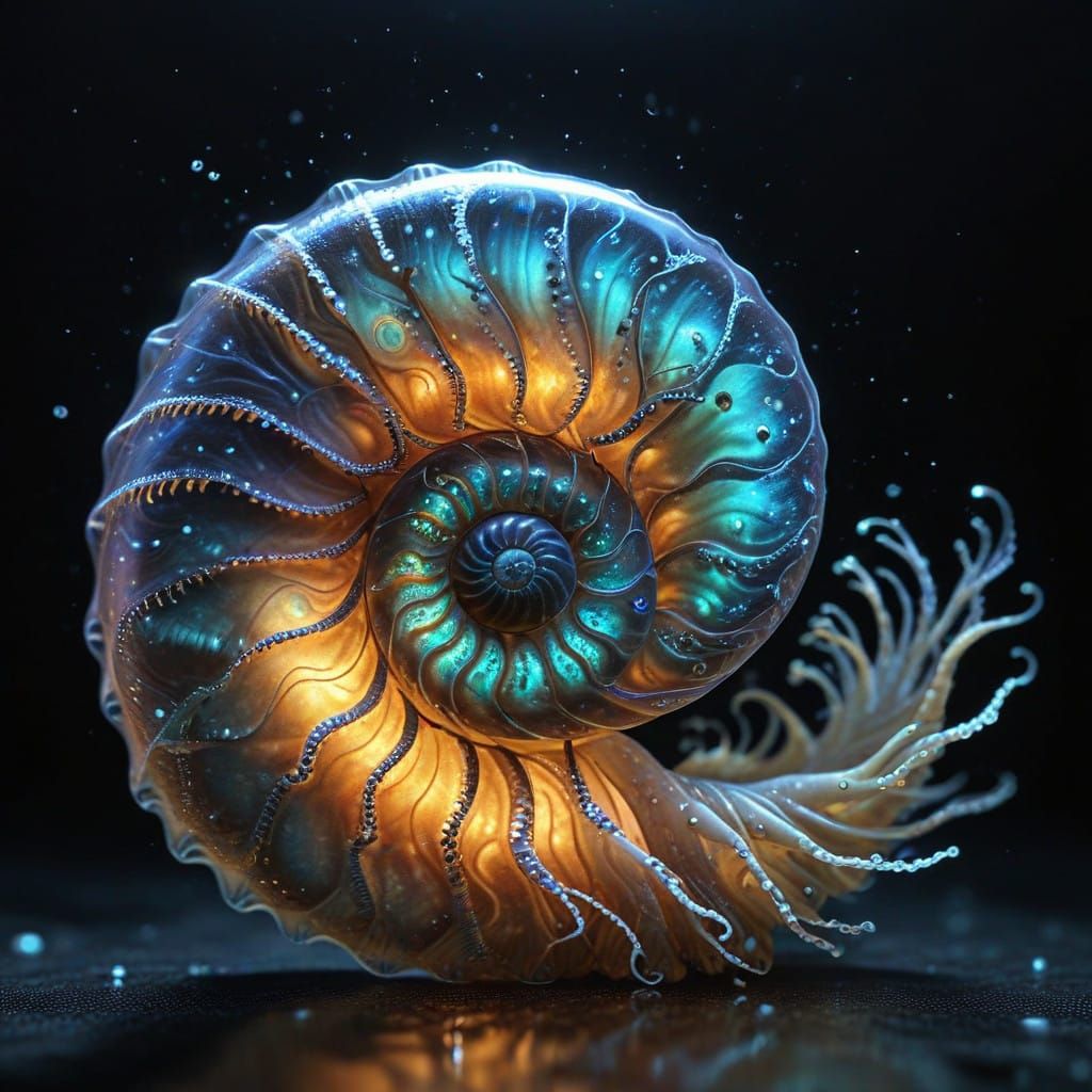 Glowing Ammonite in Ethereal Waters