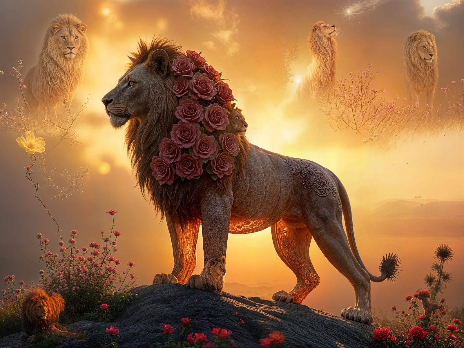 Obsidian Lion with Rose Mane, Mystical Photography