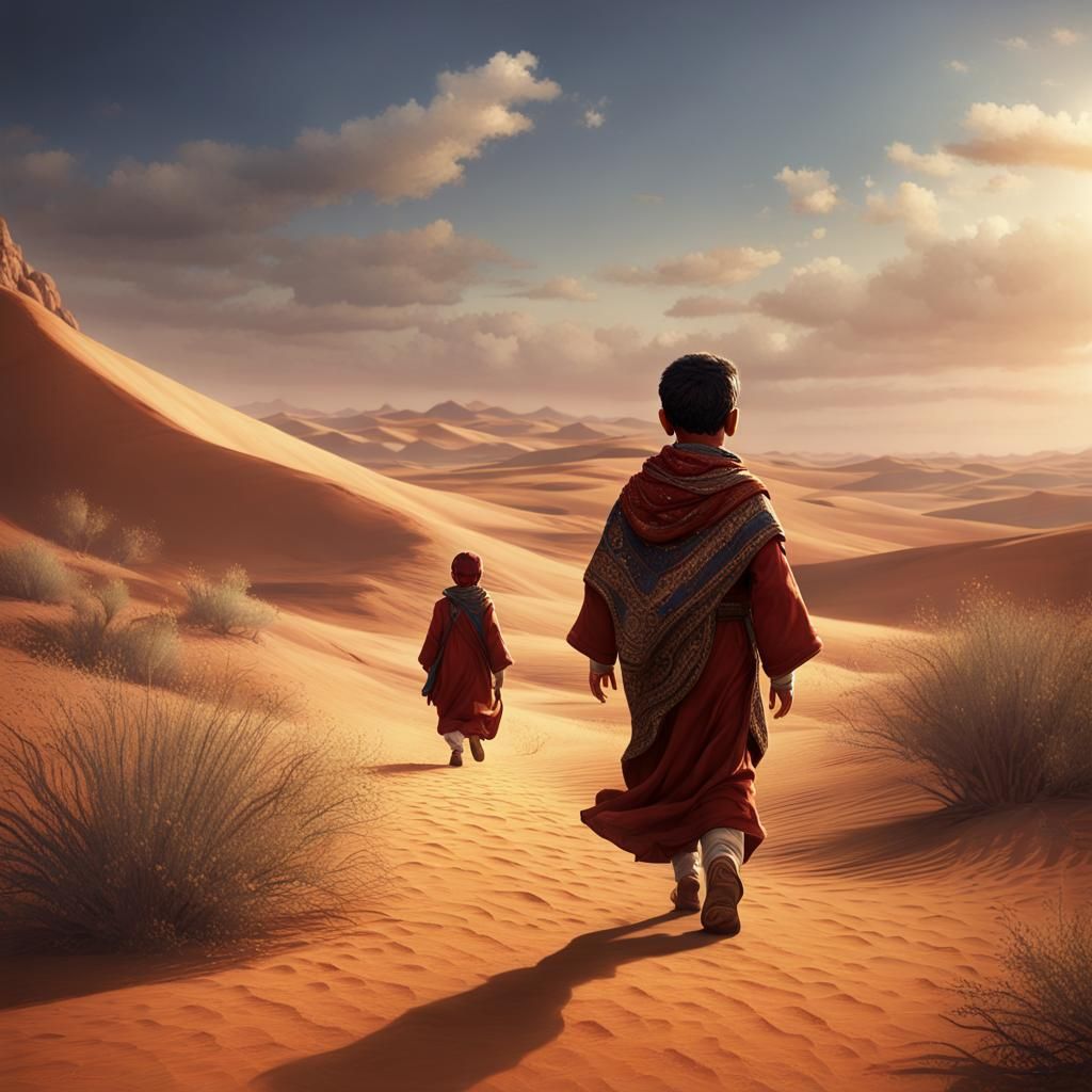 Moroccan Boy in Desert: Realistic Matte Painting