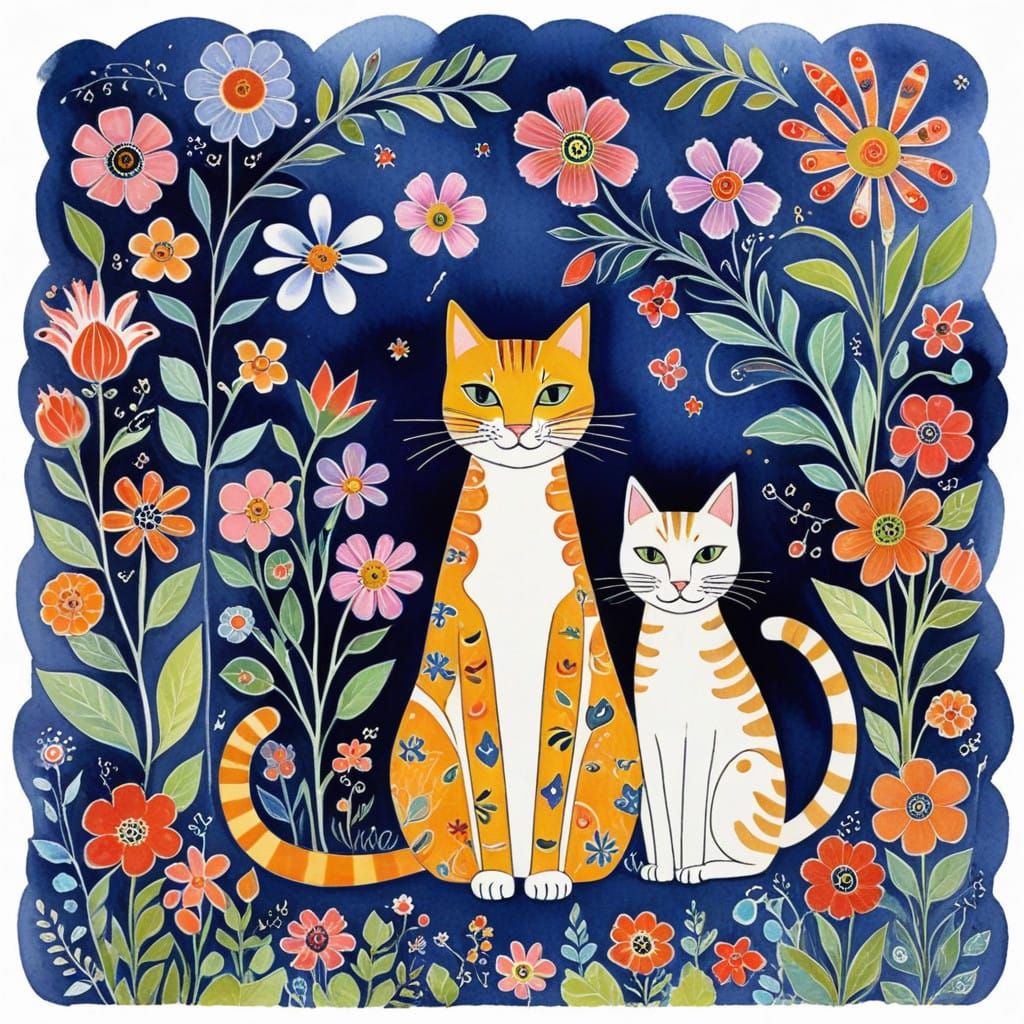Whimsical Cats in Vibrant Watercolor Florals