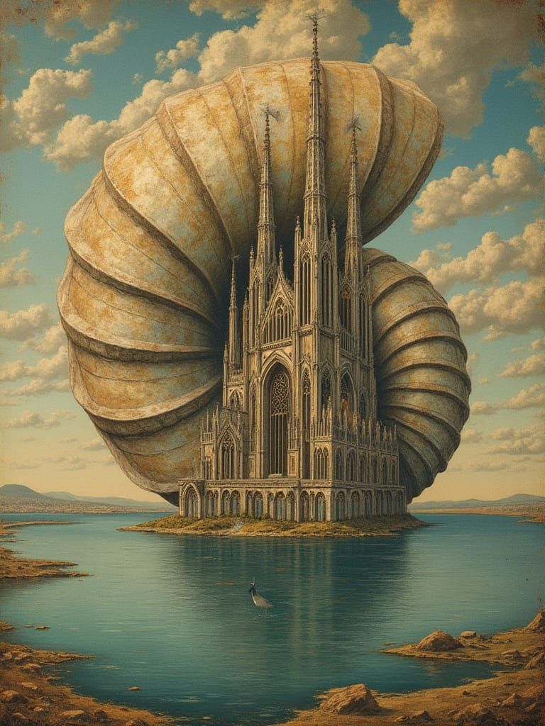 Spiral Gothic Cathedral Floating Above Lake