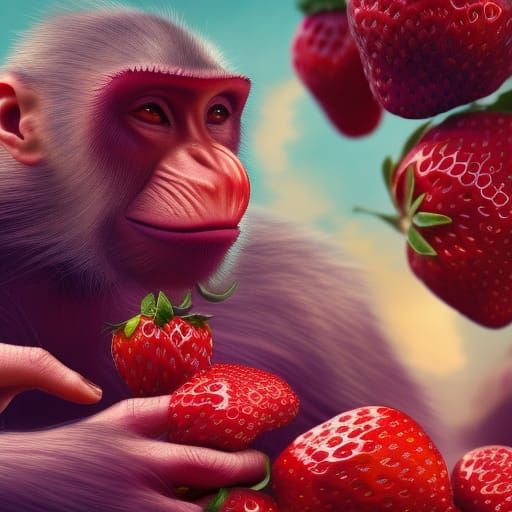 Monkey Enjoying Strawberry: Detailed Matte Painting