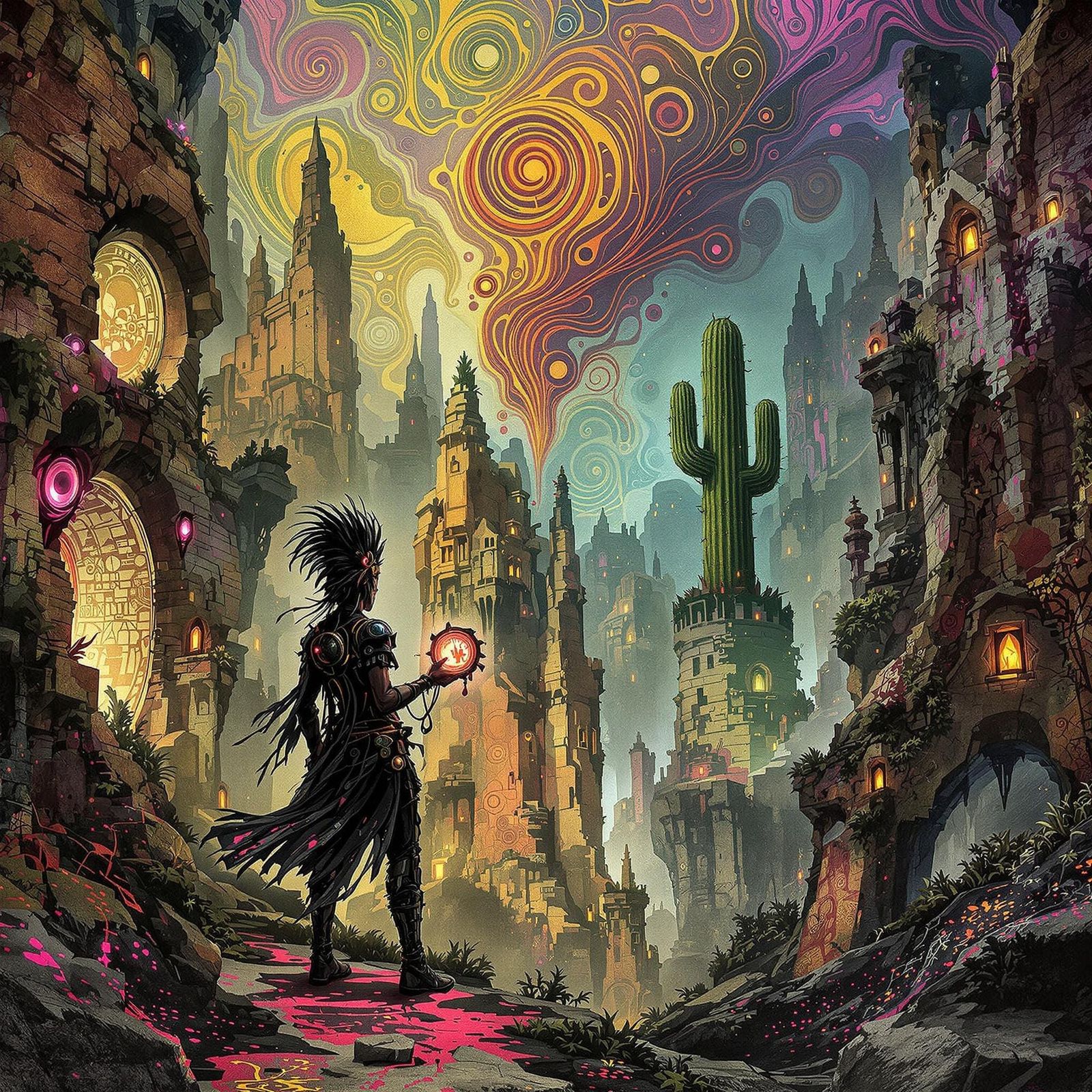 Mystical Zentanglepunk Cityscape with Cactus Device