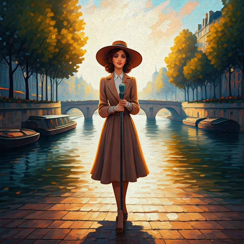 Singer Walking Along Seine River in Folk Art Style