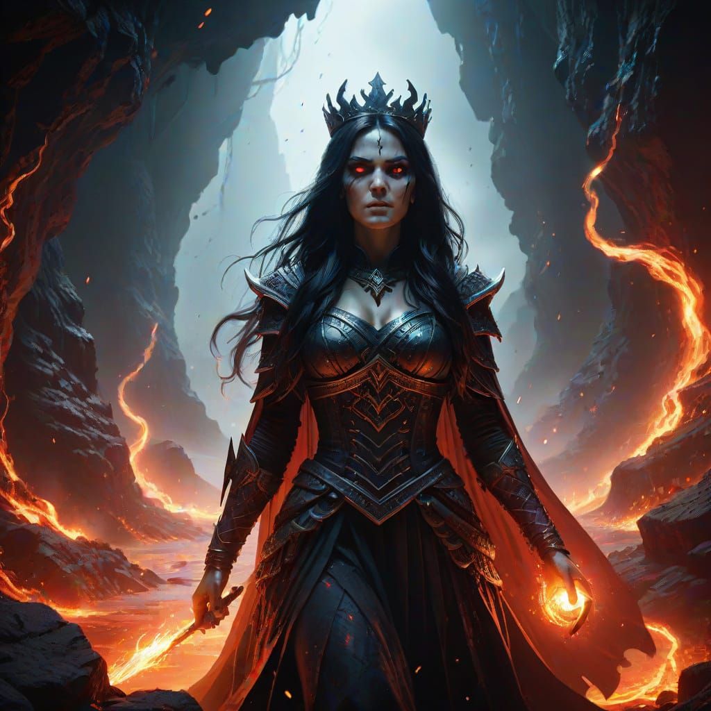 Dark Fantasy Sorceress Casts Spell in Hellish Cave