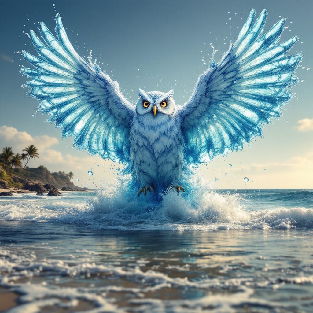 Majestic Water Owl Sculpture Soaring Over Ocean