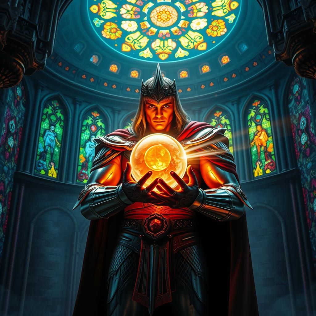 He-Man in Stained Glass Castle with Glowing Orb