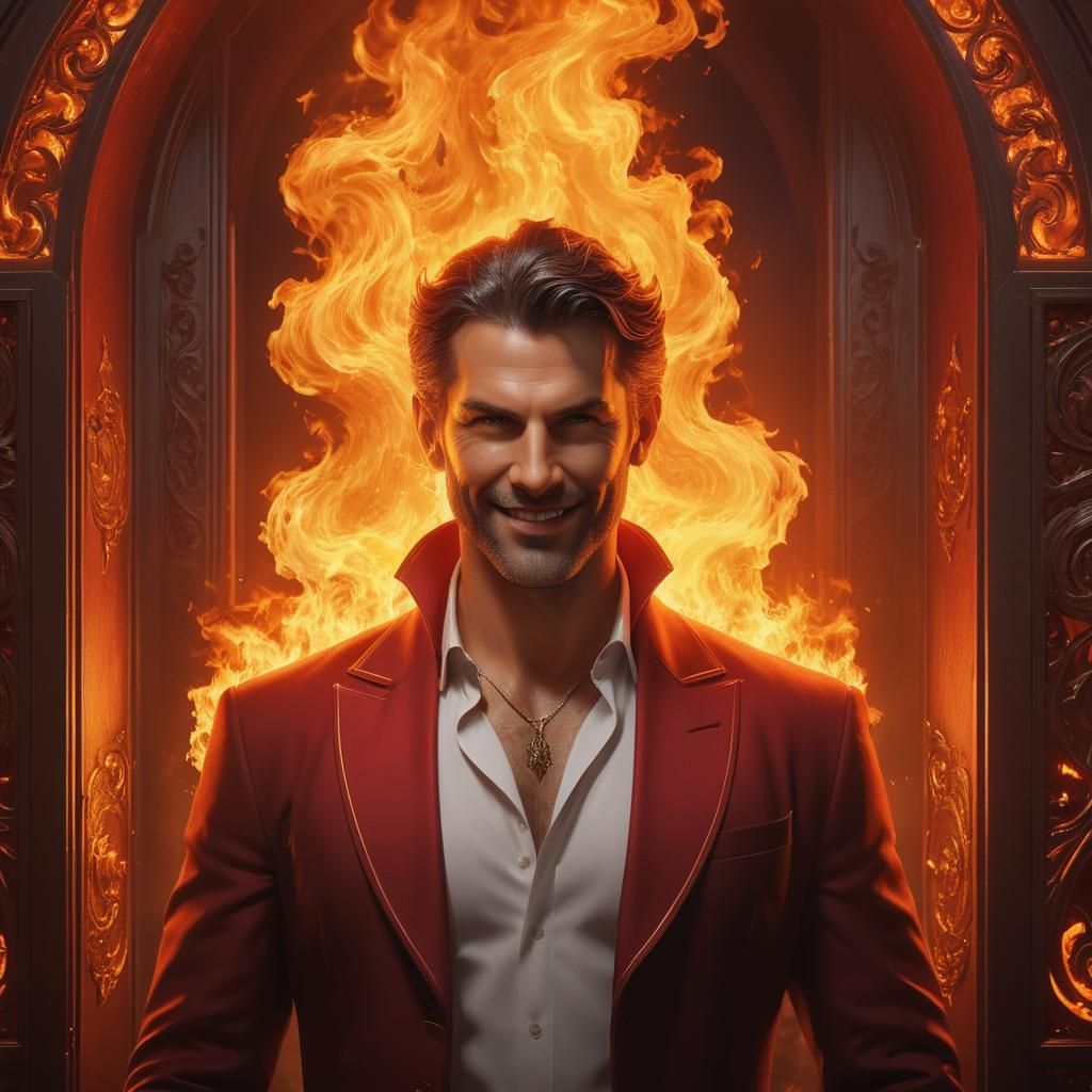 Charismatic Lucifer Portrait Before Burning Gates of Hell