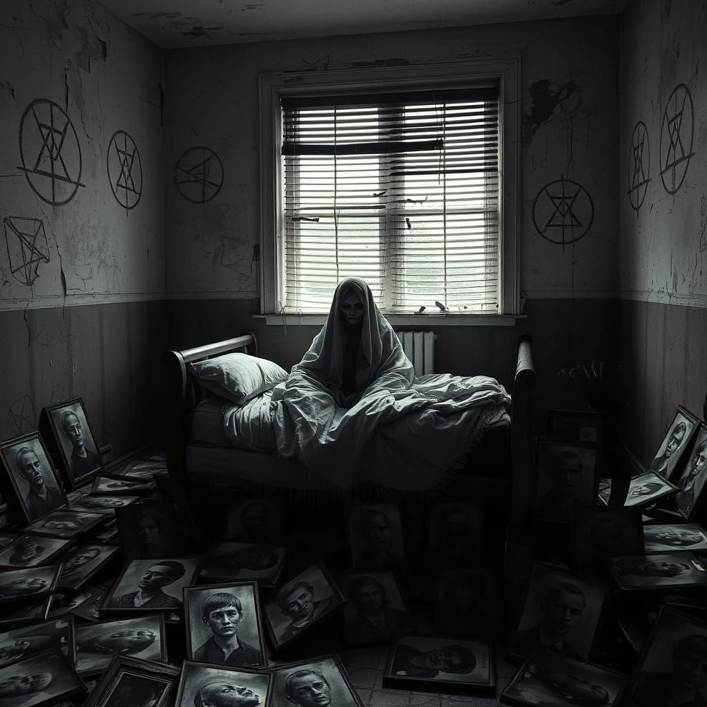 Faceless Figure in a Haunting, Analog-Hued Bedroom