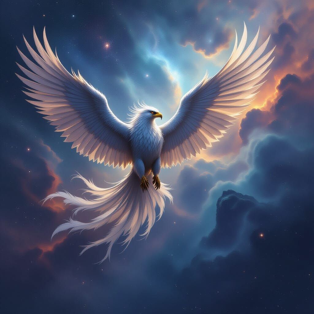 Majestic Griffin Soaring Through Cosmic Nebula Sky