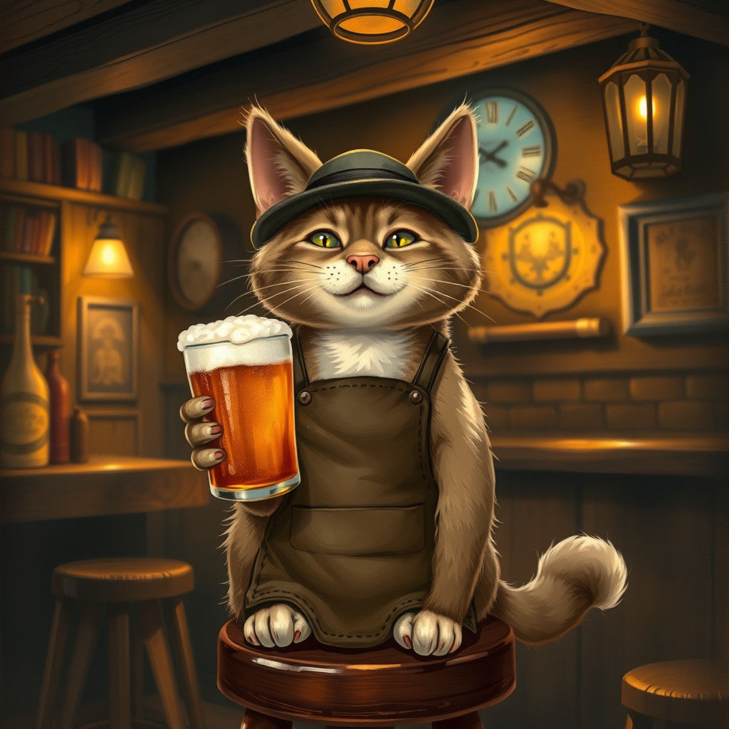 Cat Bartender in Pub, Rockwell meets Potter