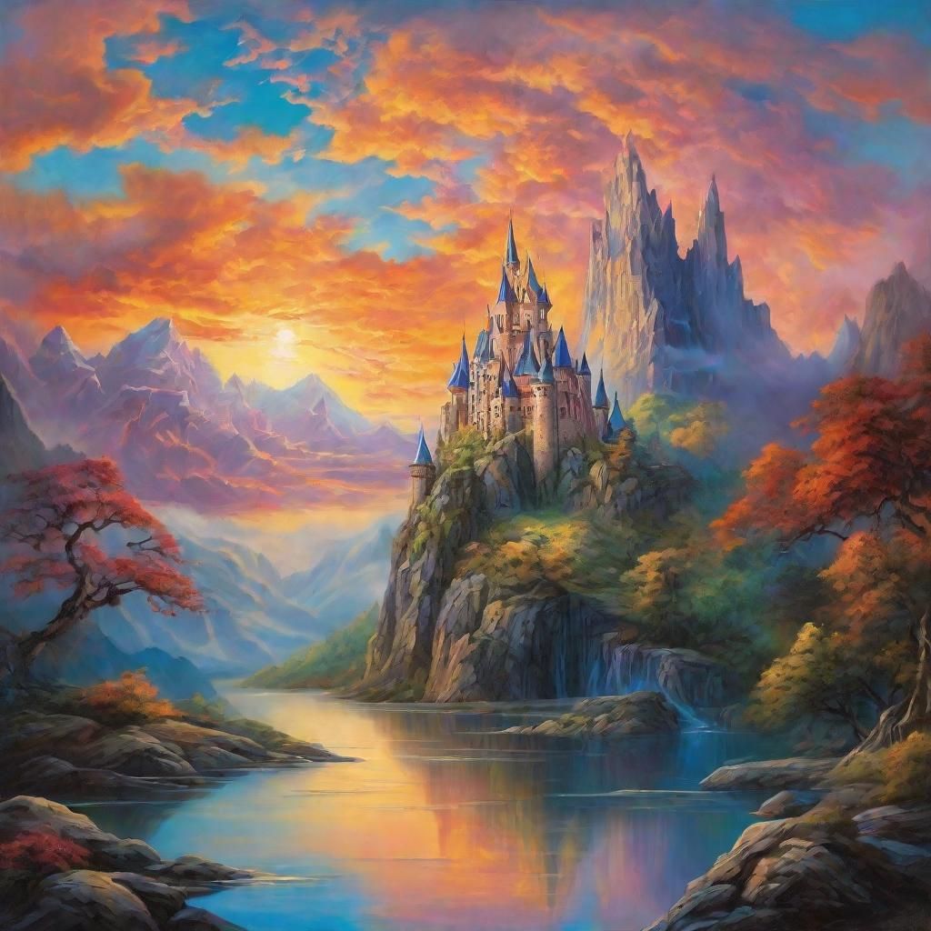 Fantasy Castle Landscape in Vibrant Sunset Colors