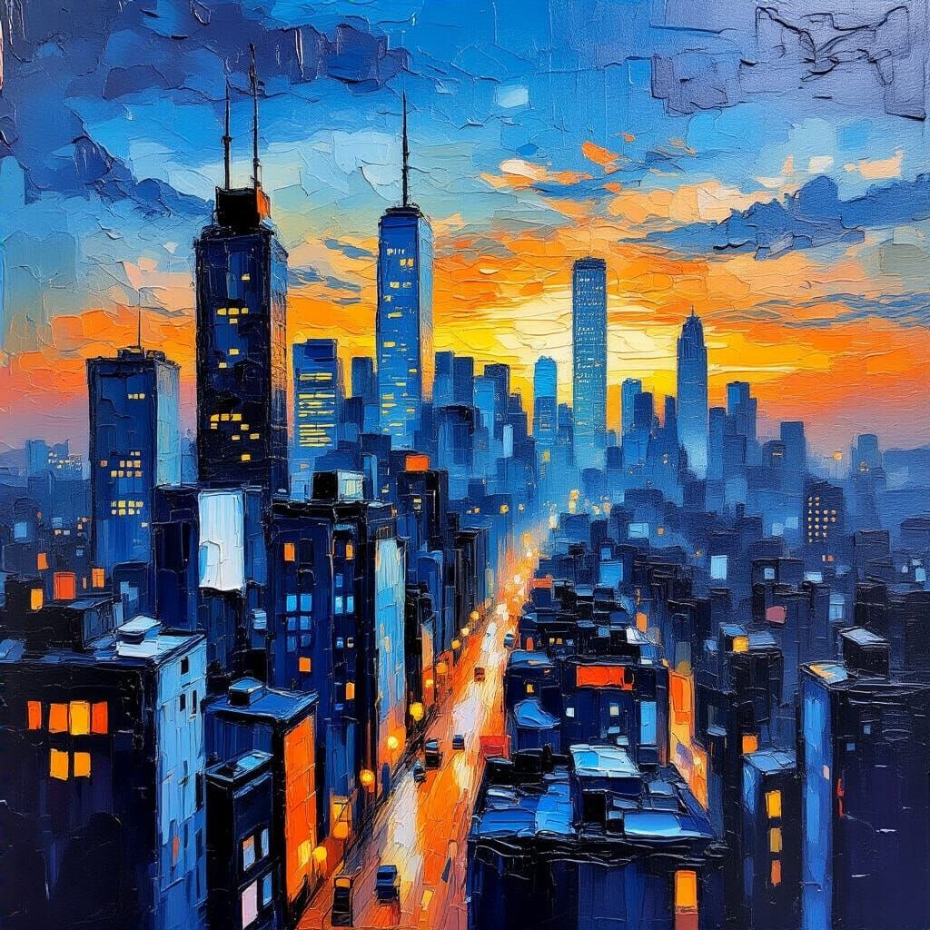 Vibrant Cityscape at Twilight in Impasto Oil Painting Style