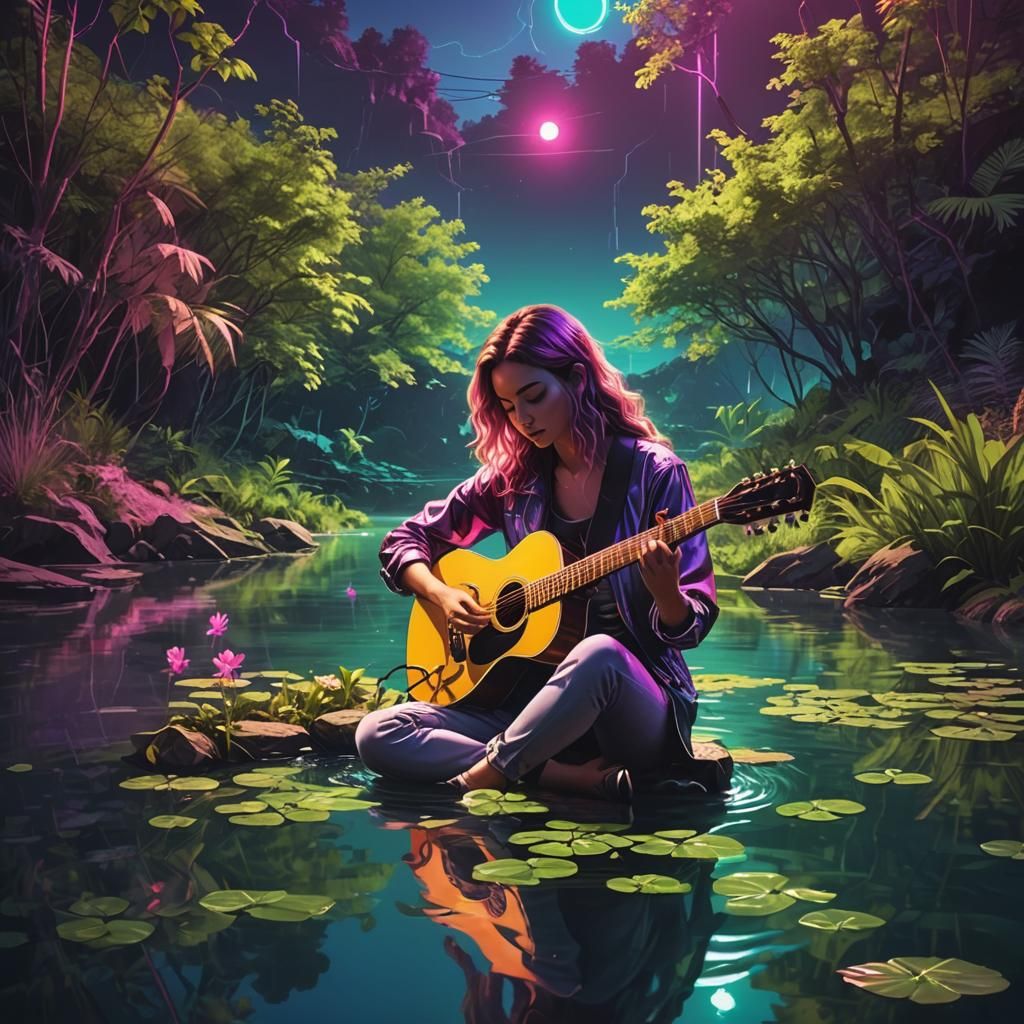 Girl Performing in Water Valley: Synthwave Neon Retro