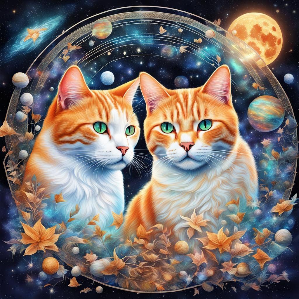 Ginger and White Cats in Cosmic Illustration