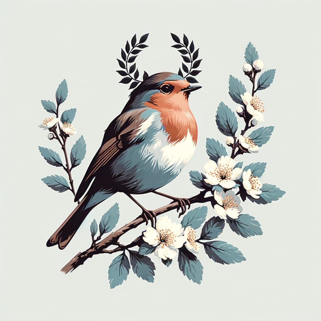 Proud Robin with Laurel Crown: Impressionist Painting