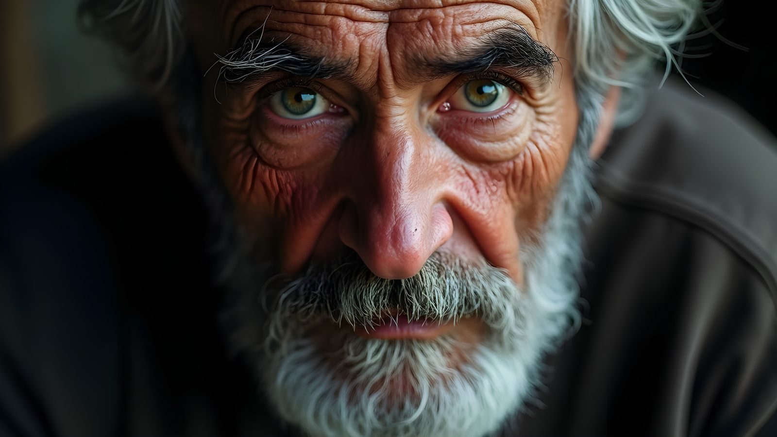 Intense Portrait of Wrinkled Man in Ambient Light