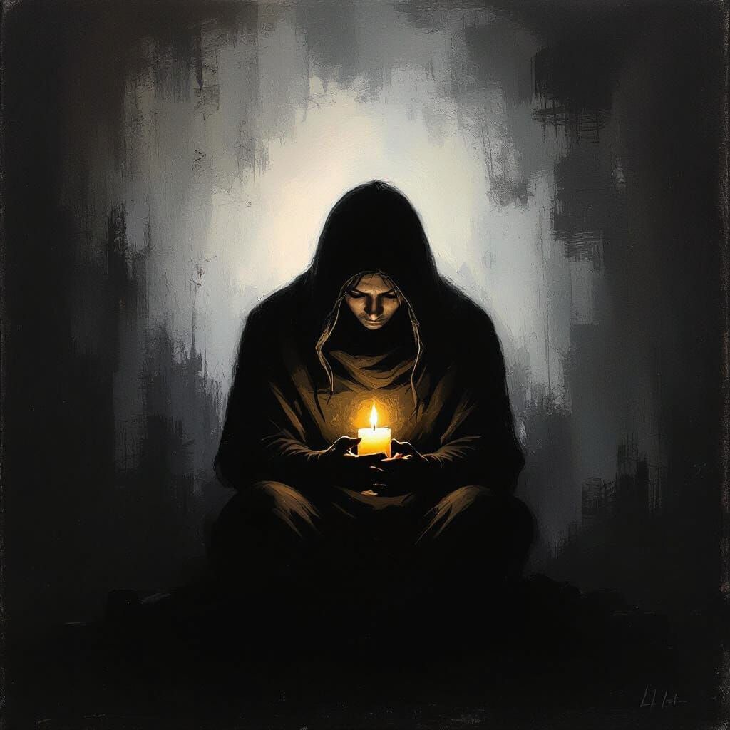 Solitary Figure in Darkness with Resilient Candle Glow