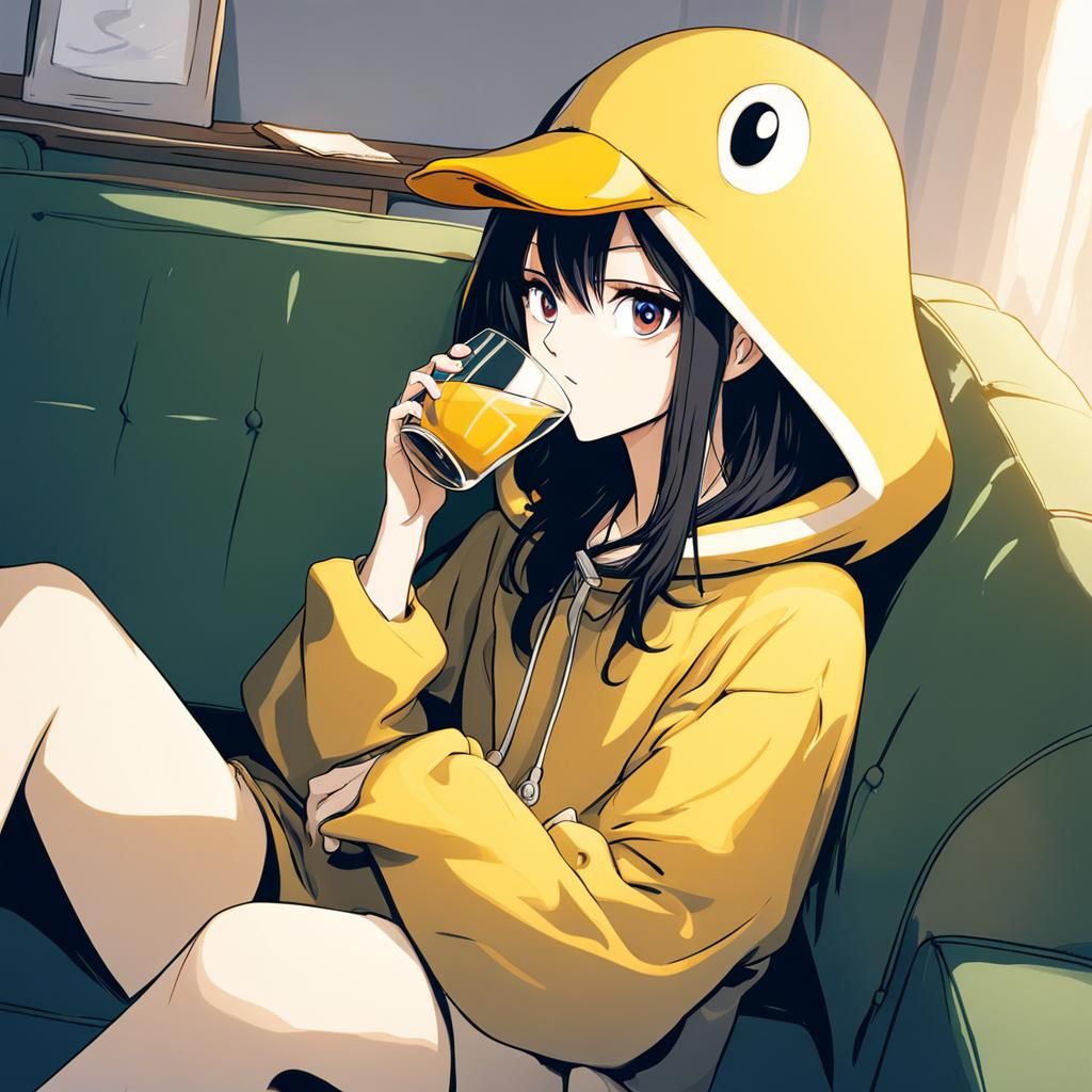 Anime Girl in Duck Onesie on Couch