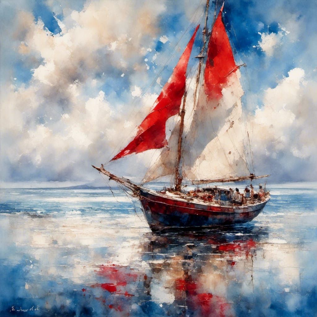 White and Red Sailboat on a Calm Ocean