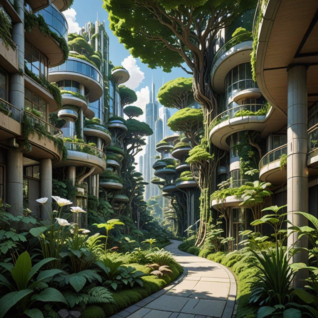 Ecopunk Cityscape with Albino Skyscrapers and Biophilic Desi...