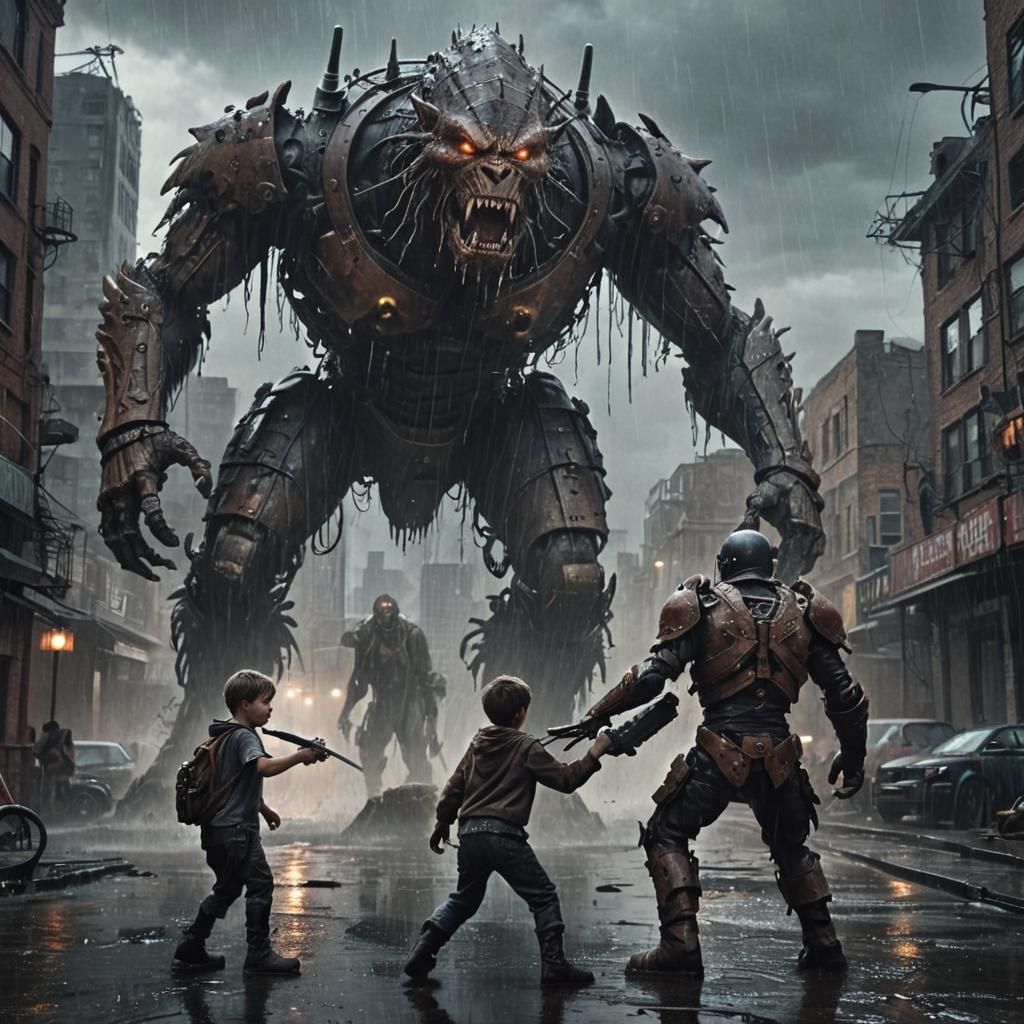 Boy Battles Giant in Ruined City: Dark Fantasy Illustration
