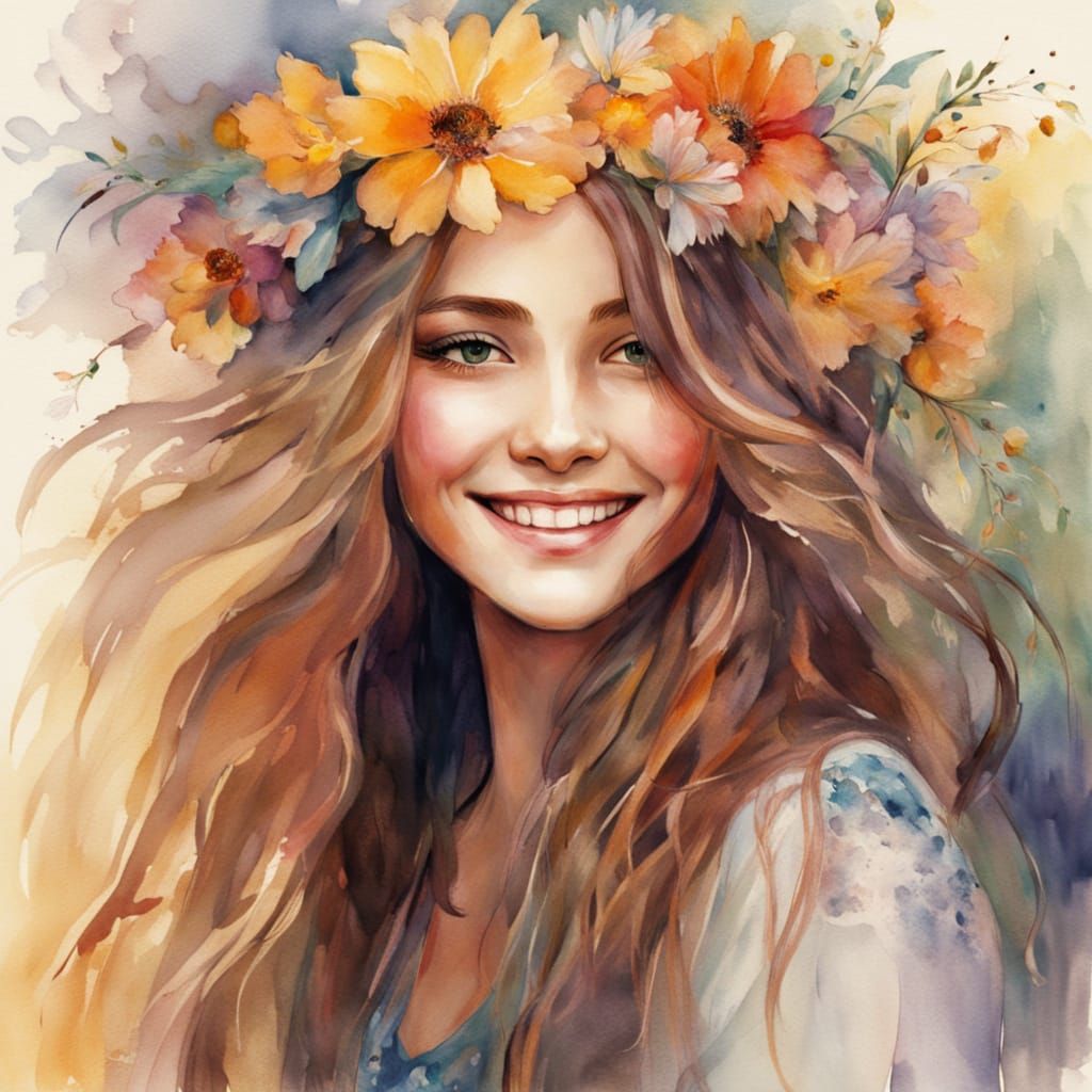 Vibrant Bohemian Portrait with Wild Hair and Flowers