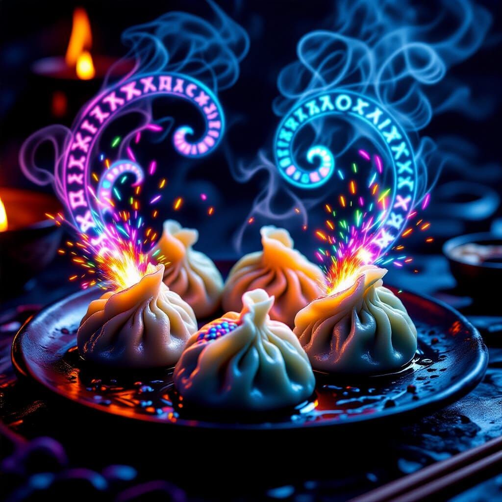 Dragon Dumplings Releasing Sparks in Dark Fantasy Style