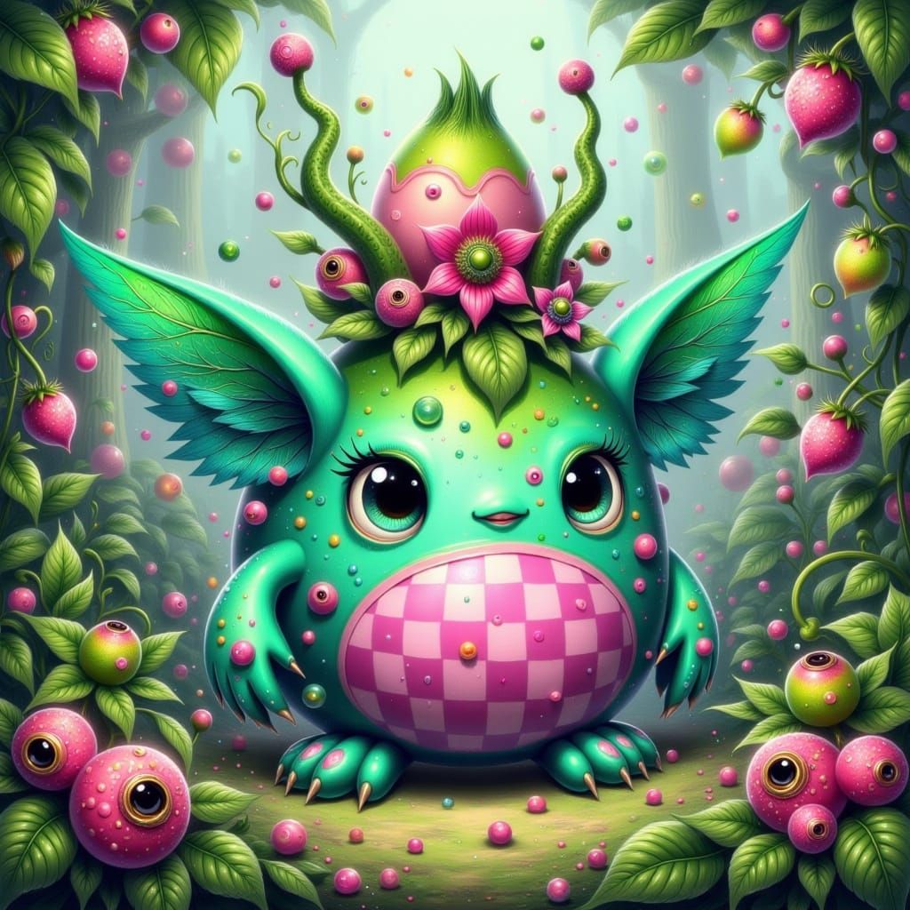 Mystical Berry Monster in Whimsical Gingham Patterns