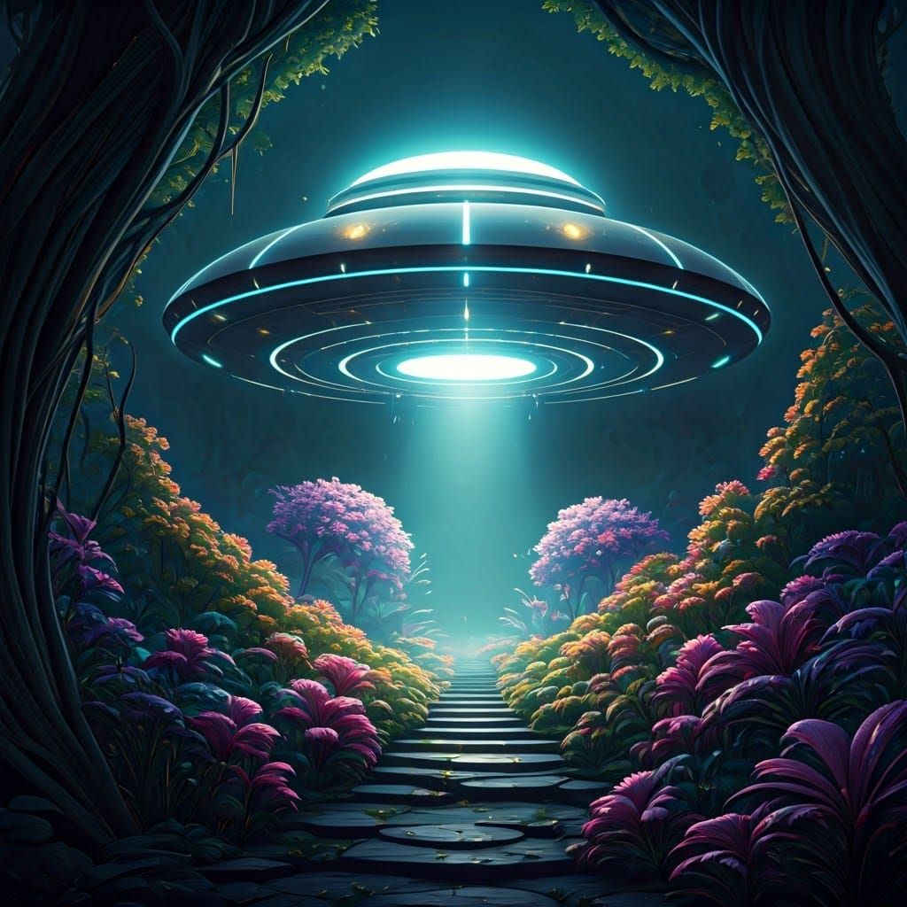 UFO Descends on Mystical Garden in Fantasy Art Style
