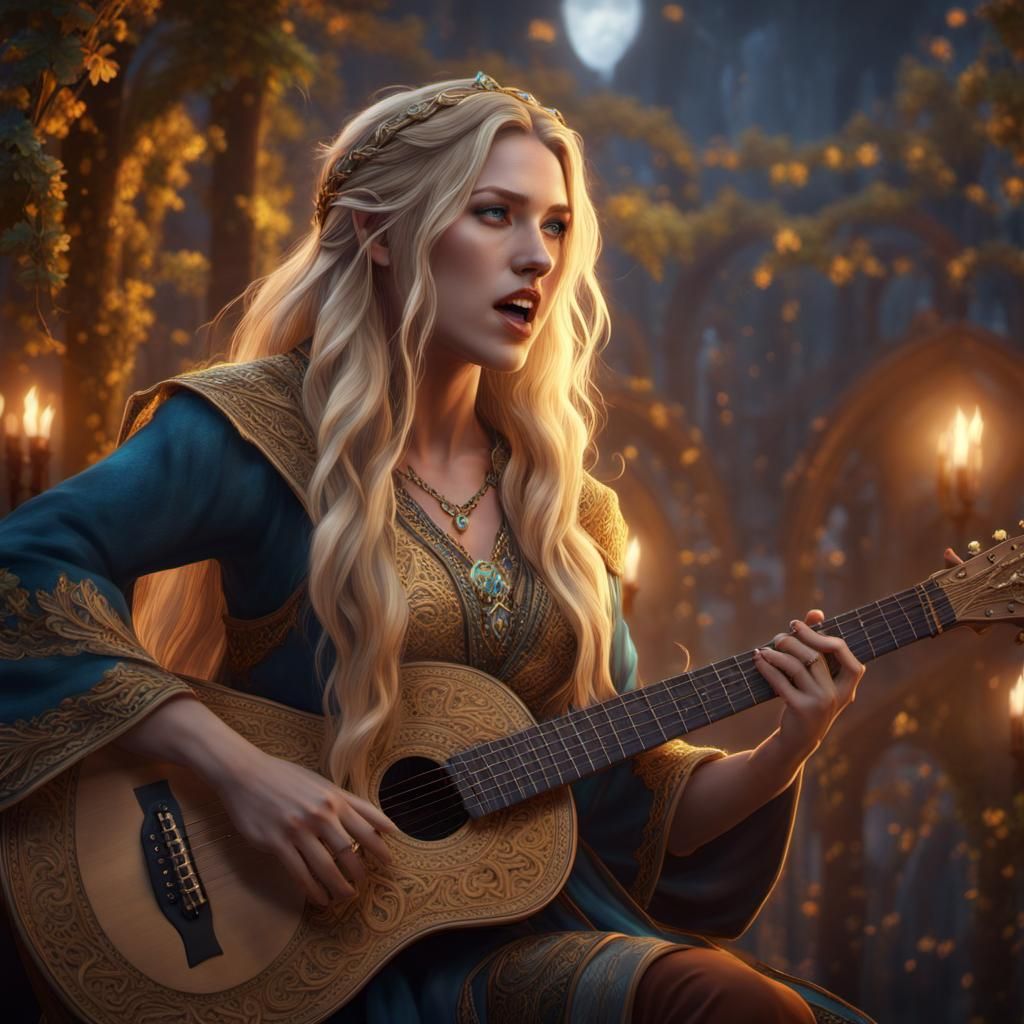 Beautiful Blonde Bard Singing with Norse Guitar