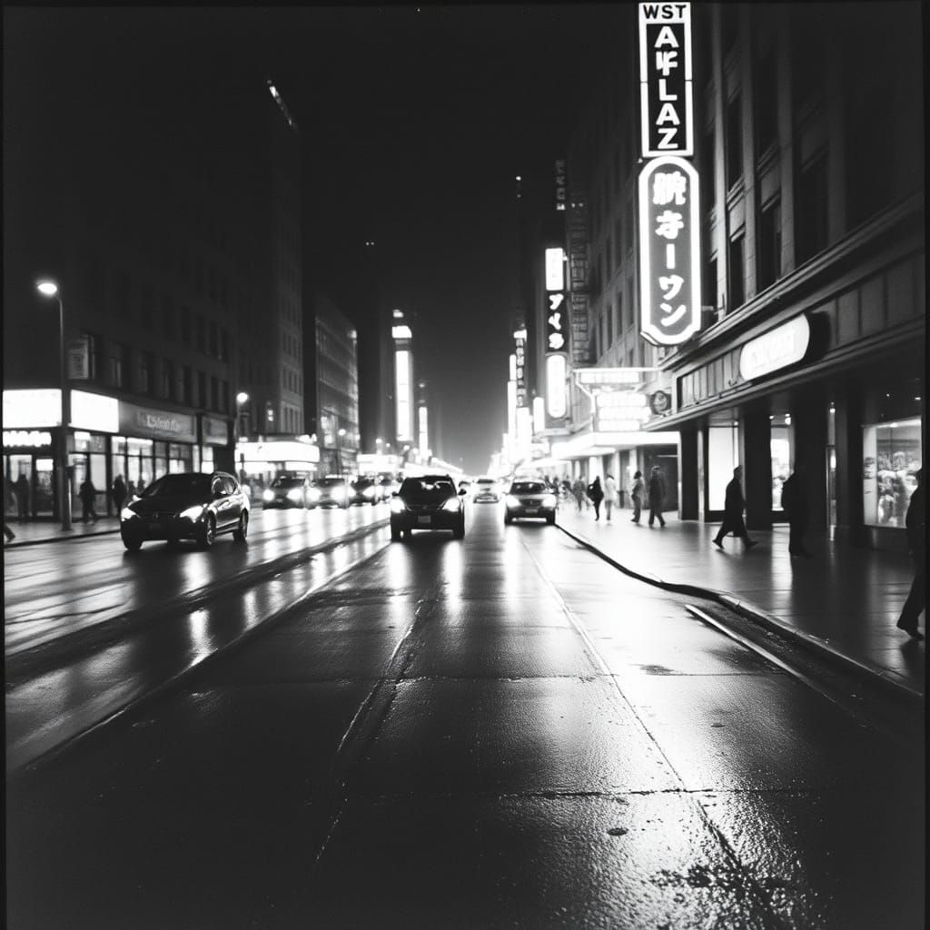 City Street at Night in Film Noir Style