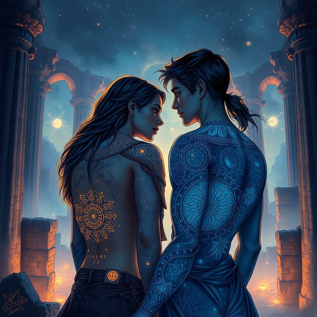 Teen Couple with Celestial Tattoos in Ethereal Ruins