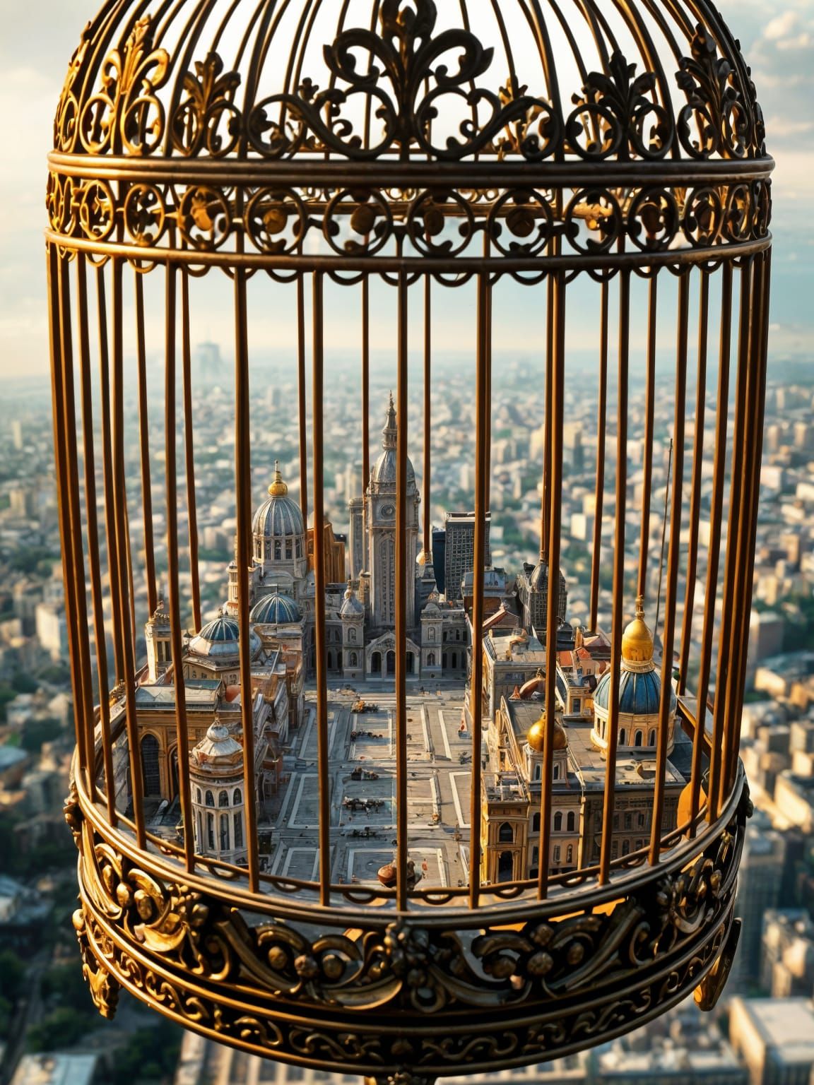 Miniature Cityscape Inside Ornate Birdcage