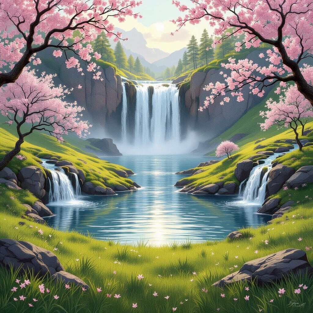 Nordic Waterfall Landscape with Cherry Blossoms