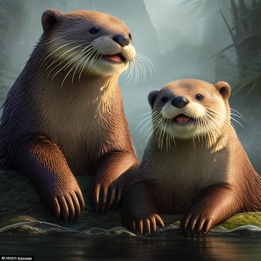Playful Otters in a Detailed Digital Painting