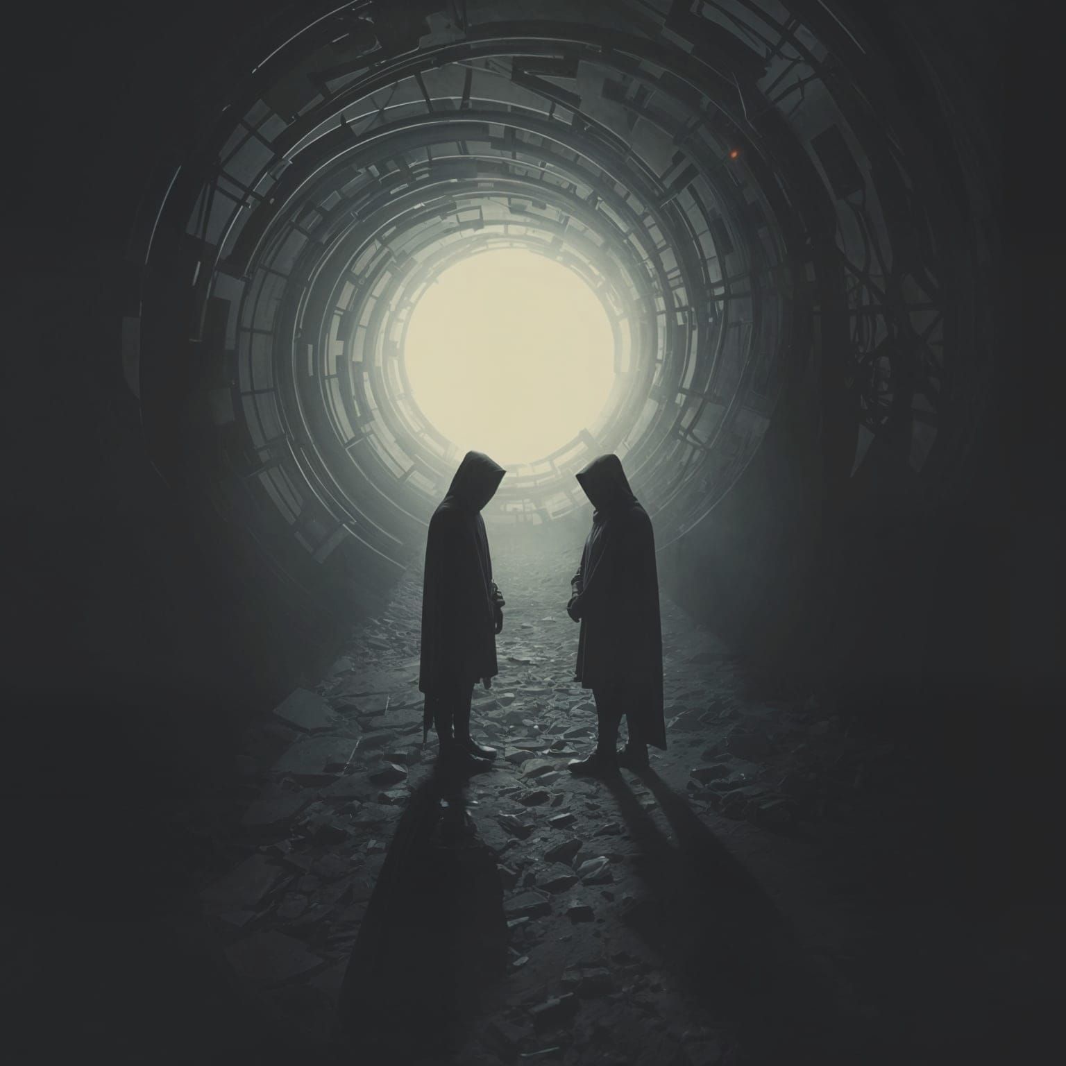 Abstract Tunnel with Mysterious Figures in Dark Style