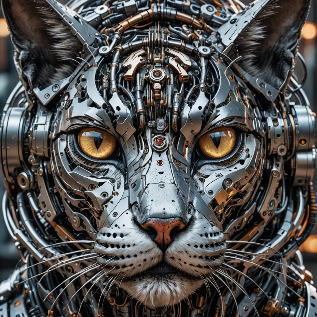 Hyperrealistic Cyborg Cat Head with Intricate Details