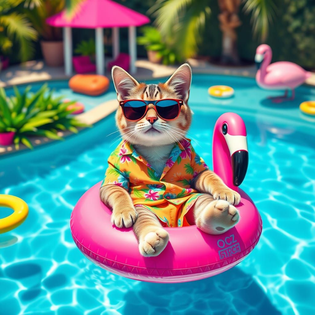 Futuristic Cat on Retro-Futuristic Pool Float